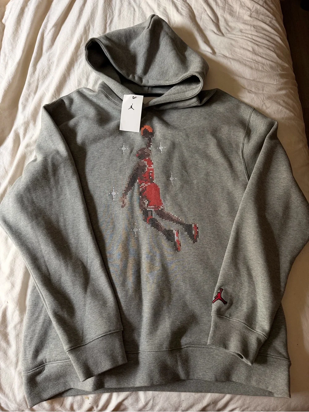 Jordan Gray Hoodie with Red Pixel Jumpman Graphic
